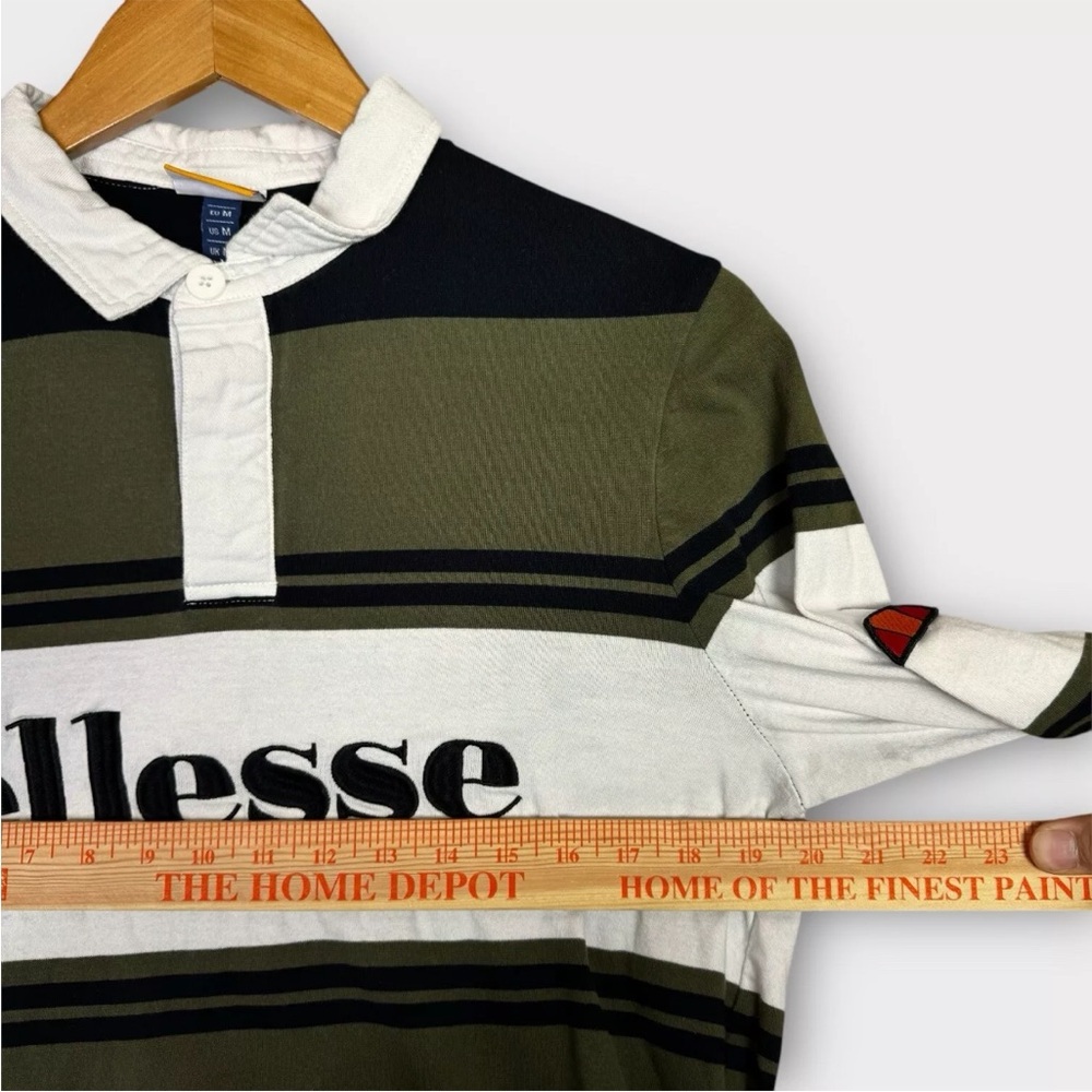 Ellesse Long Sleeve Rugby Polo Shirt Mens Medium Green Blue Striped Sport Wear - Picture 10 of 12